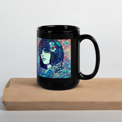 Black glossy coffee mug with Drawing Dynamics III artwork, gift idea.