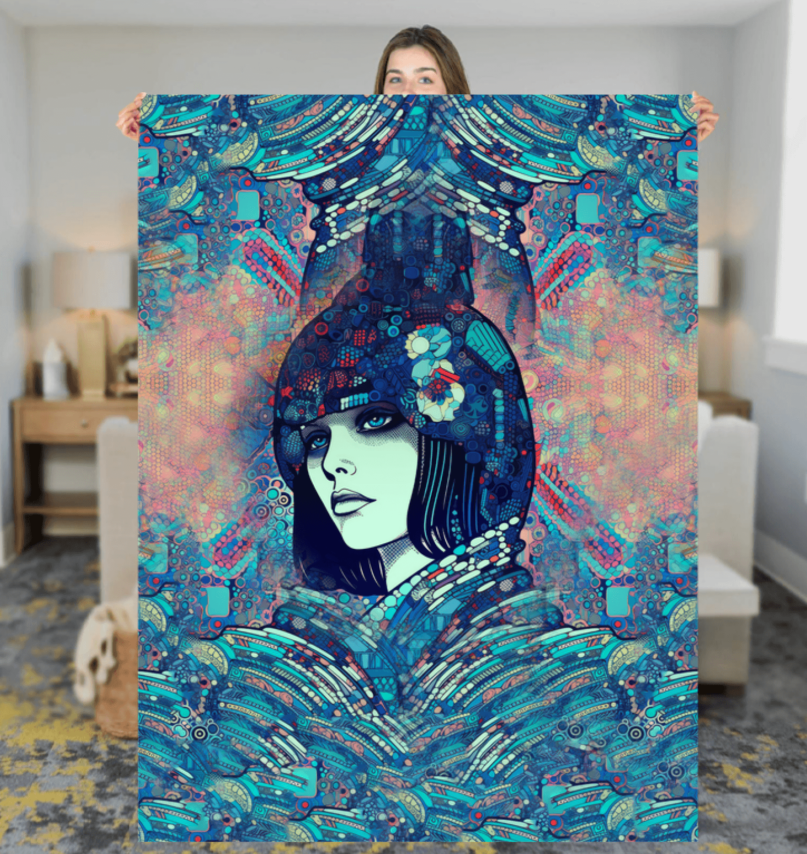 Drawing Dynamics III Sherpa Blanket draped over a couch, adding artful decor.