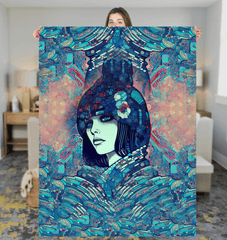 Drawing Dynamics III Sherpa Blanket draped over a couch, adding artful decor.