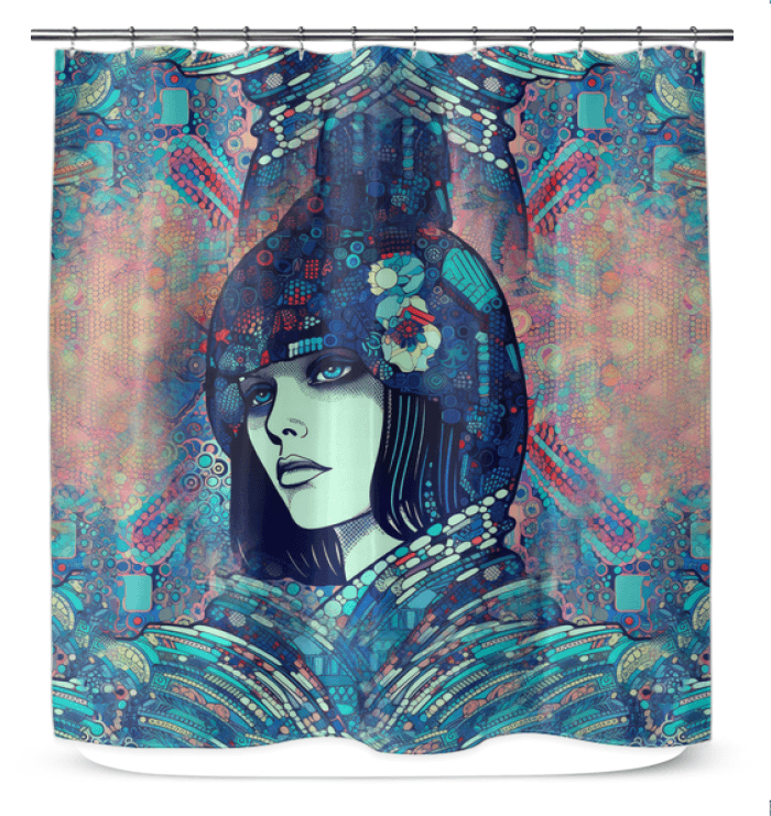 Modern art-inspired shower curtain for bathroom decor.