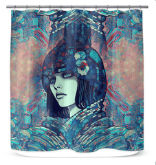 Modern art-inspired shower curtain for bathroom decor.