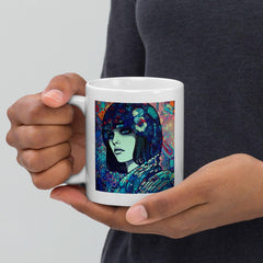 Close-up of Drawing Dynamics III artwork on white mug.