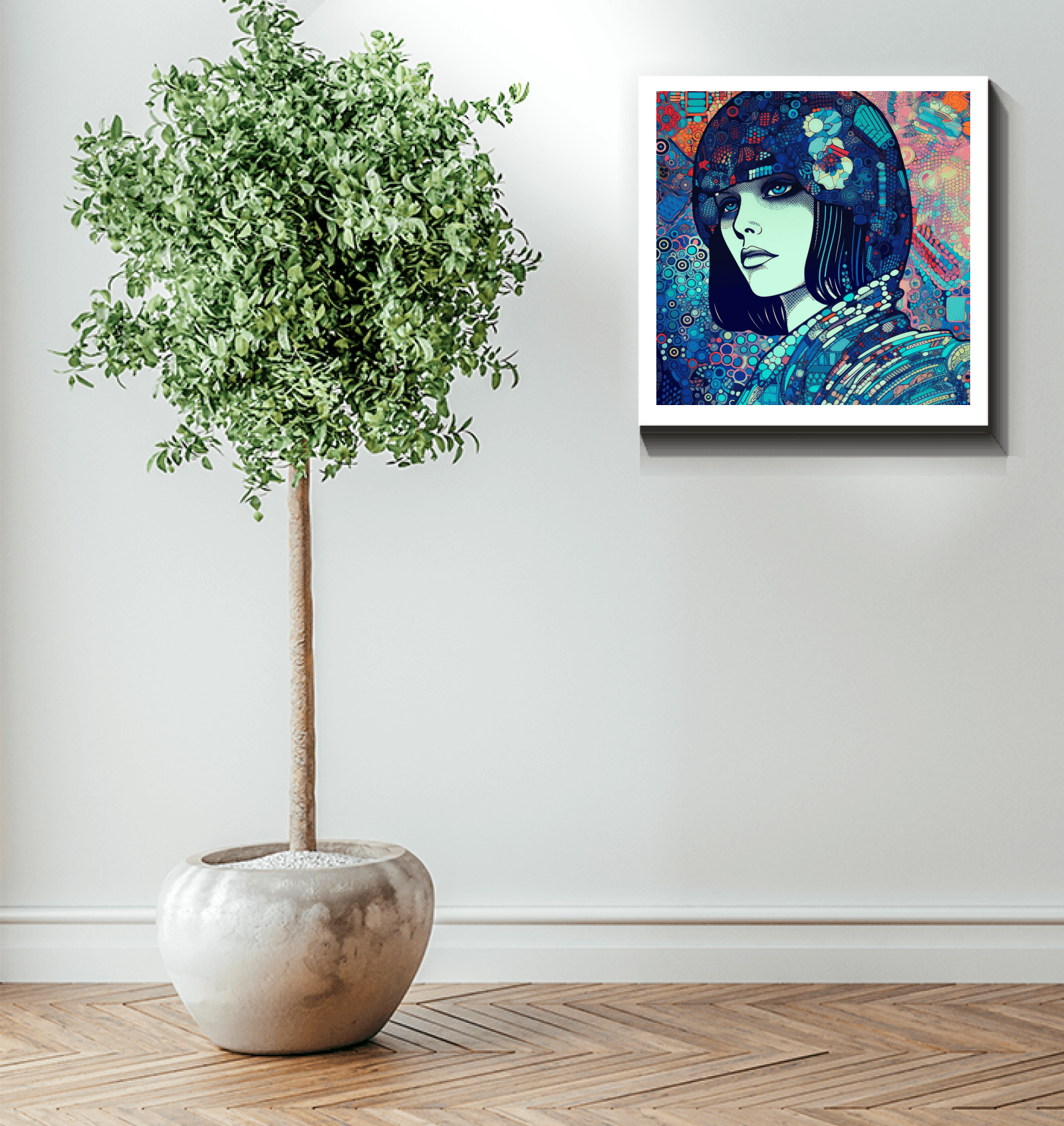 Drawing Dynamics III Wrapped Canvas on display in a modern living room.