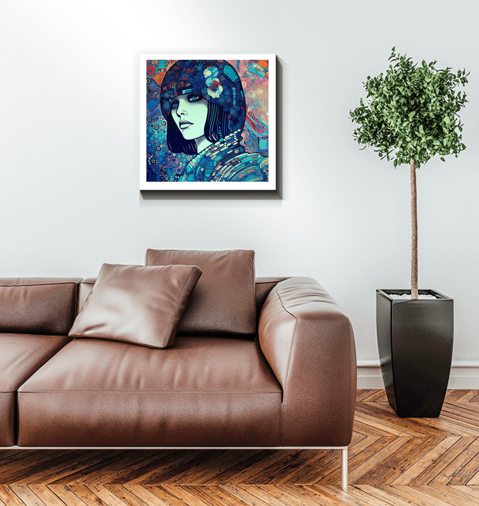 Brightly lit room featuring Drawing Dynamics III Wrapped Canvas as a focal point.