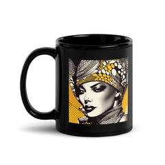 Close-up of black glossy coffee mug with intricate art