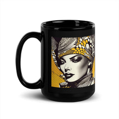 Stylish black coffee mug with artistic drawn depths design