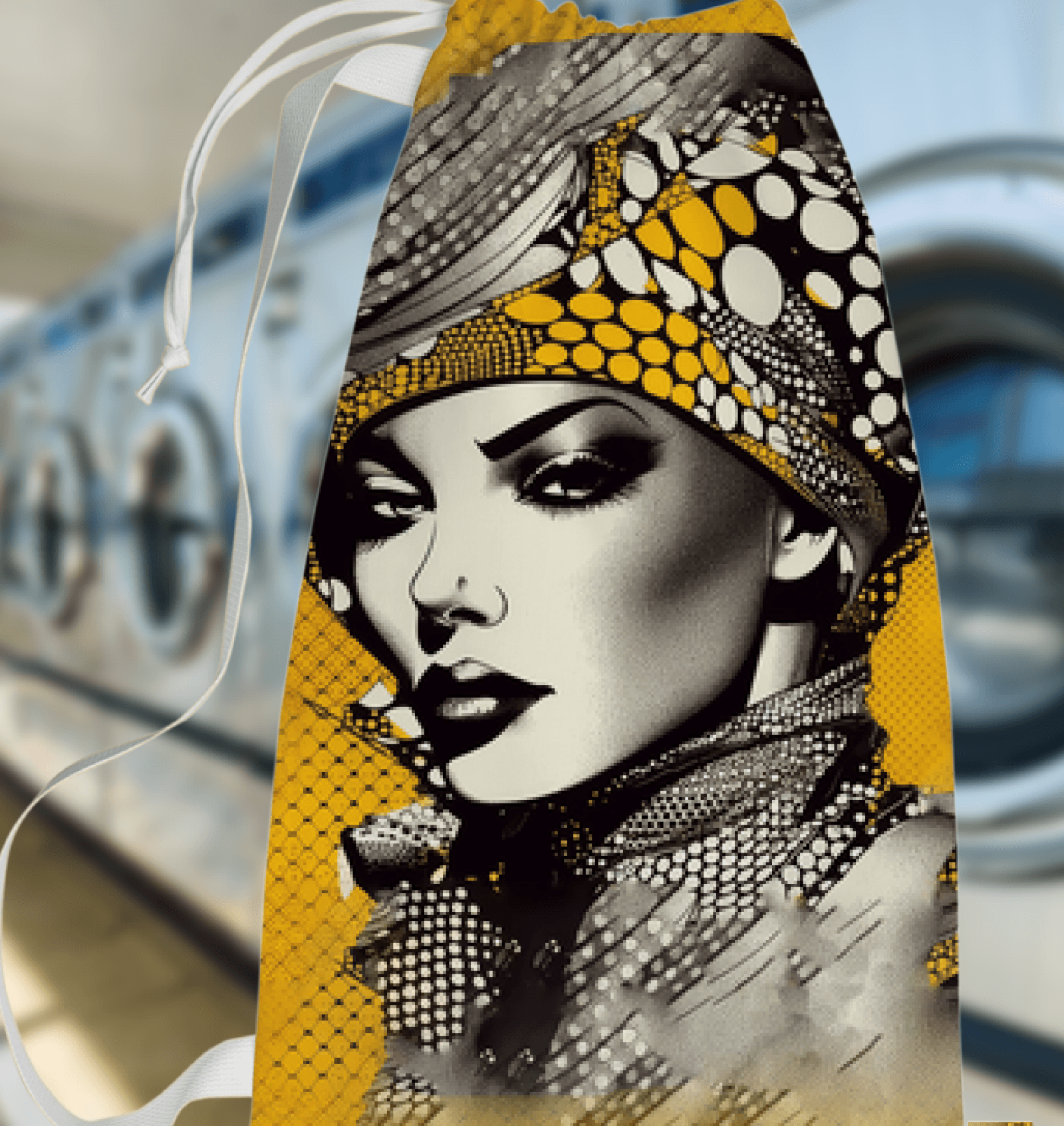 Artistic drawn-depths pattern on a stylish laundry bag.