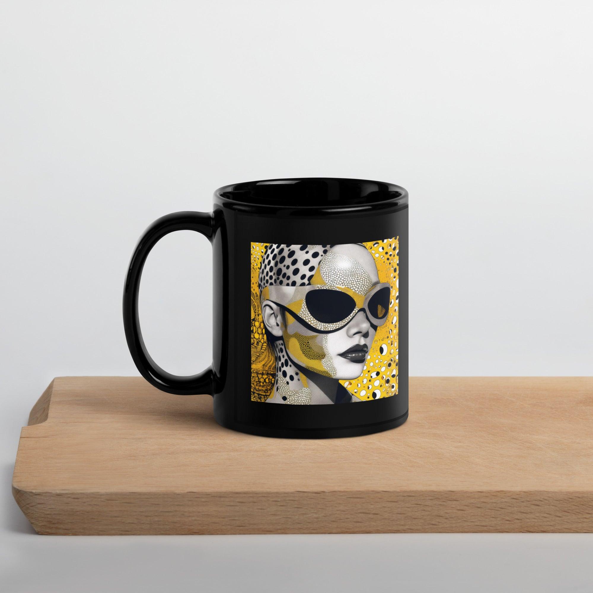 Close-up of black glossy mug with abstract design.