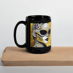 Black glossy coffee mug with unique drawn dimensions artwork.