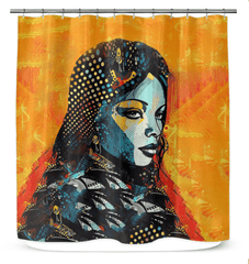 Elegant patterned shower curtain in a modern bathroom.