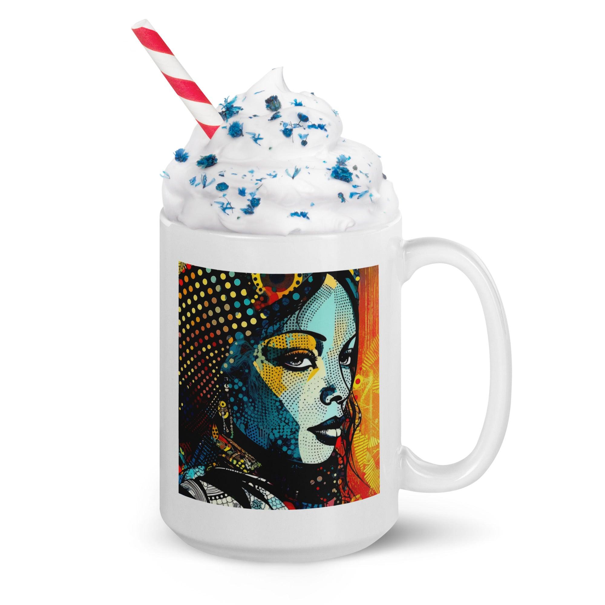 White ceramic mug with artistic illustration