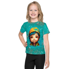 Child smiling in Dreamlands Precious Gazes crew neck T-shirt.