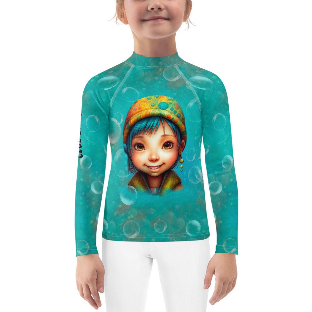Dreamlands Precious Gazes Kids Rash Guard front view.
