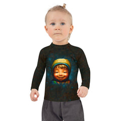 Child wearing Dreamscape Innocence Portraits Rash Guard at the beach.
