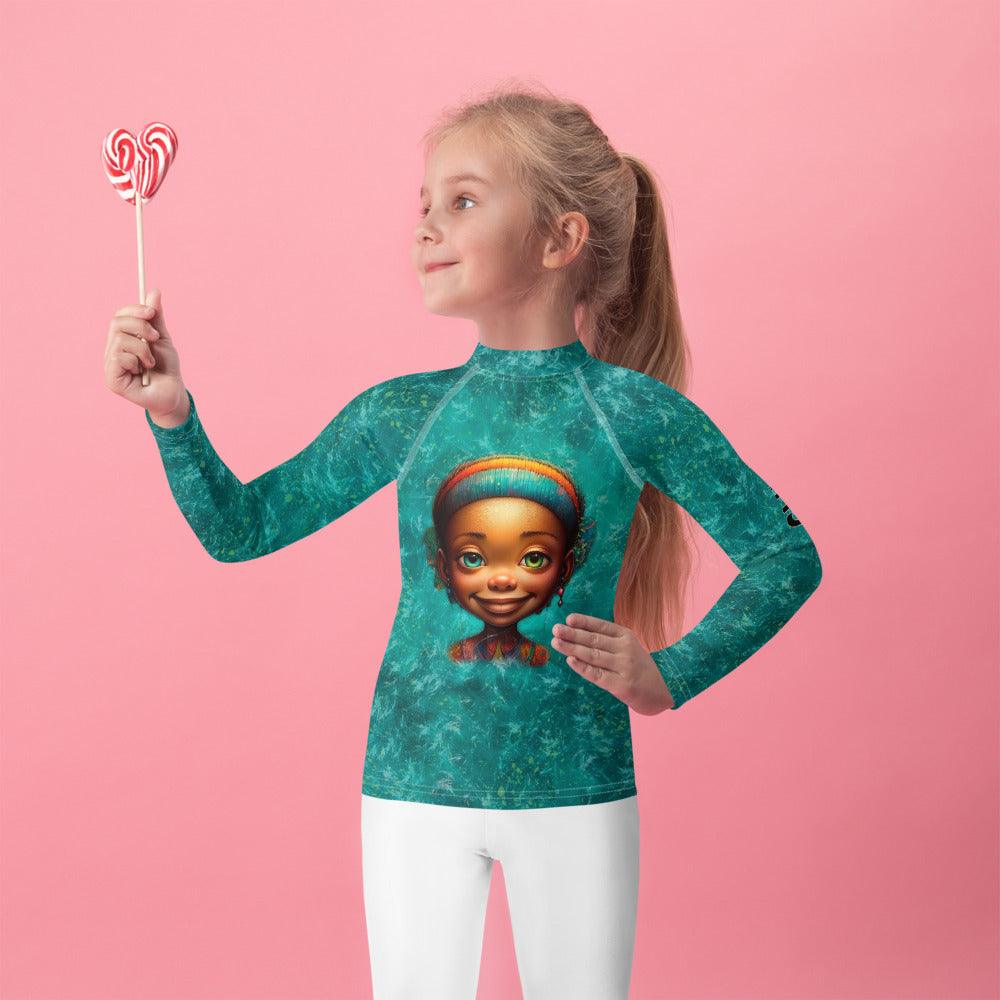 Child wearing Dreamy Eyes Fantasy Rash Guard in a playful stance.
