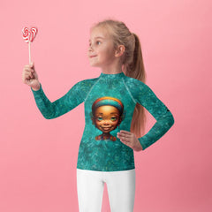 Child wearing Dreamy Eyes Fantasy Rash Guard in a playful stance.