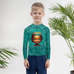 Kids Fantasy Rash Guard featuring Dreamy Eyes pattern in action.