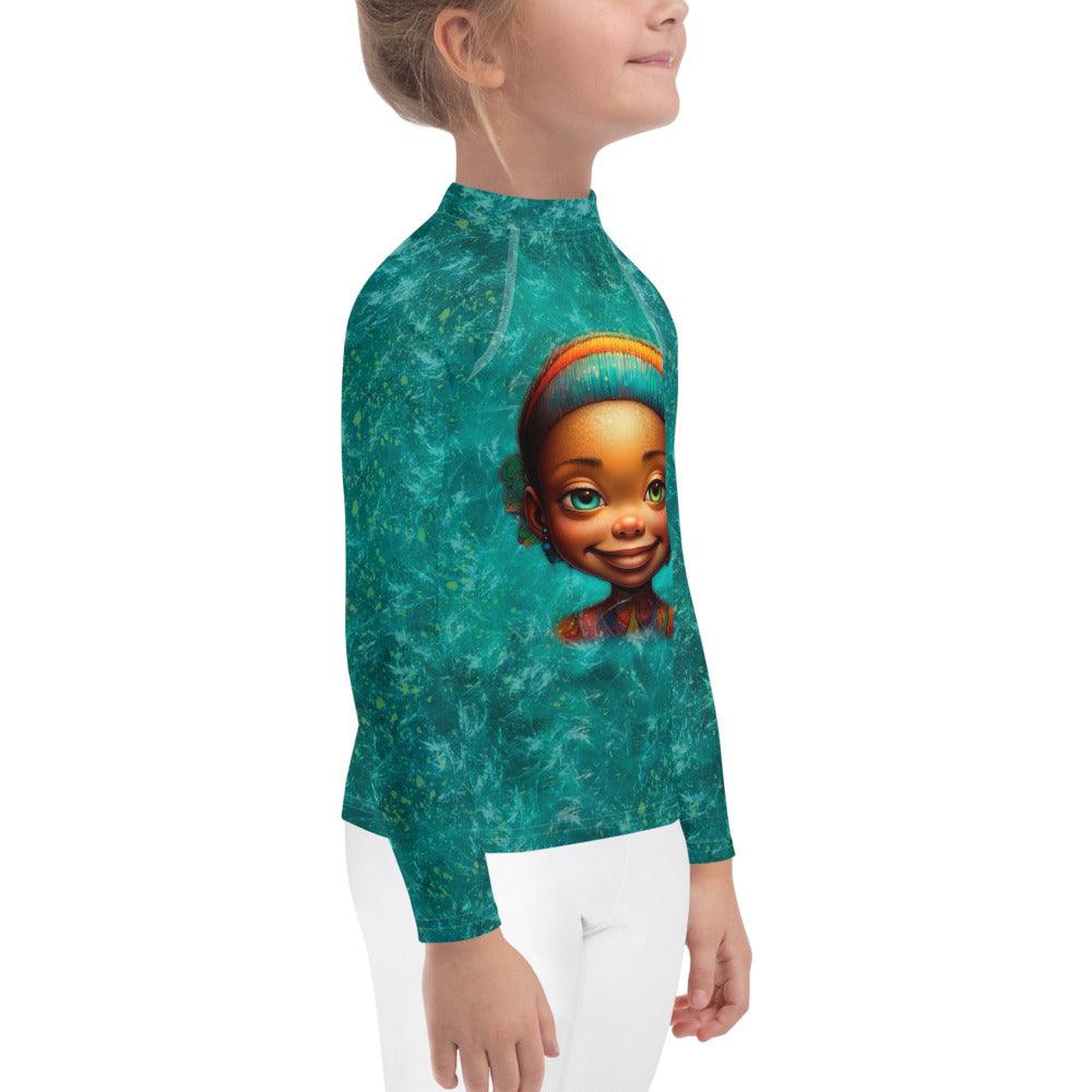 Rear view of child in Dreamy Eyes Fantasy Rash Guard at the beach.
