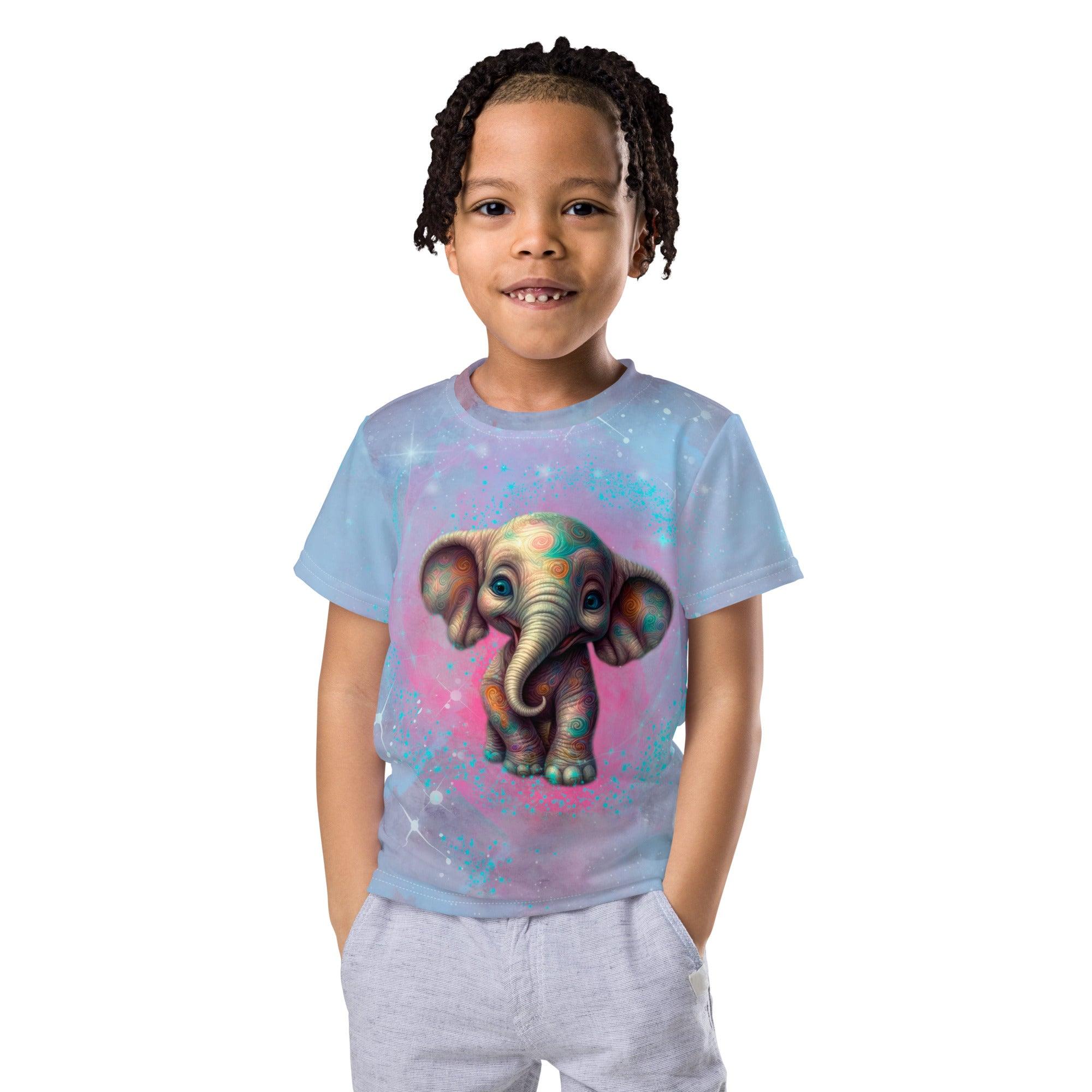 Child wearing Dreamy Gazes Of Fantasy crew neck t-shirt in a playful stance.