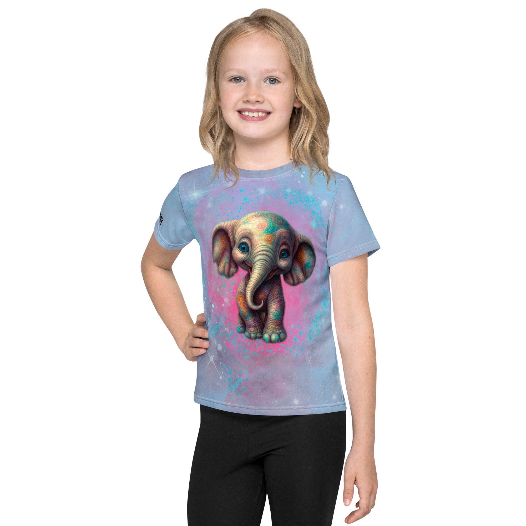 Kid smiling in Dreamy Gazes Of Fantasy crew neck t-shirt outdoor.