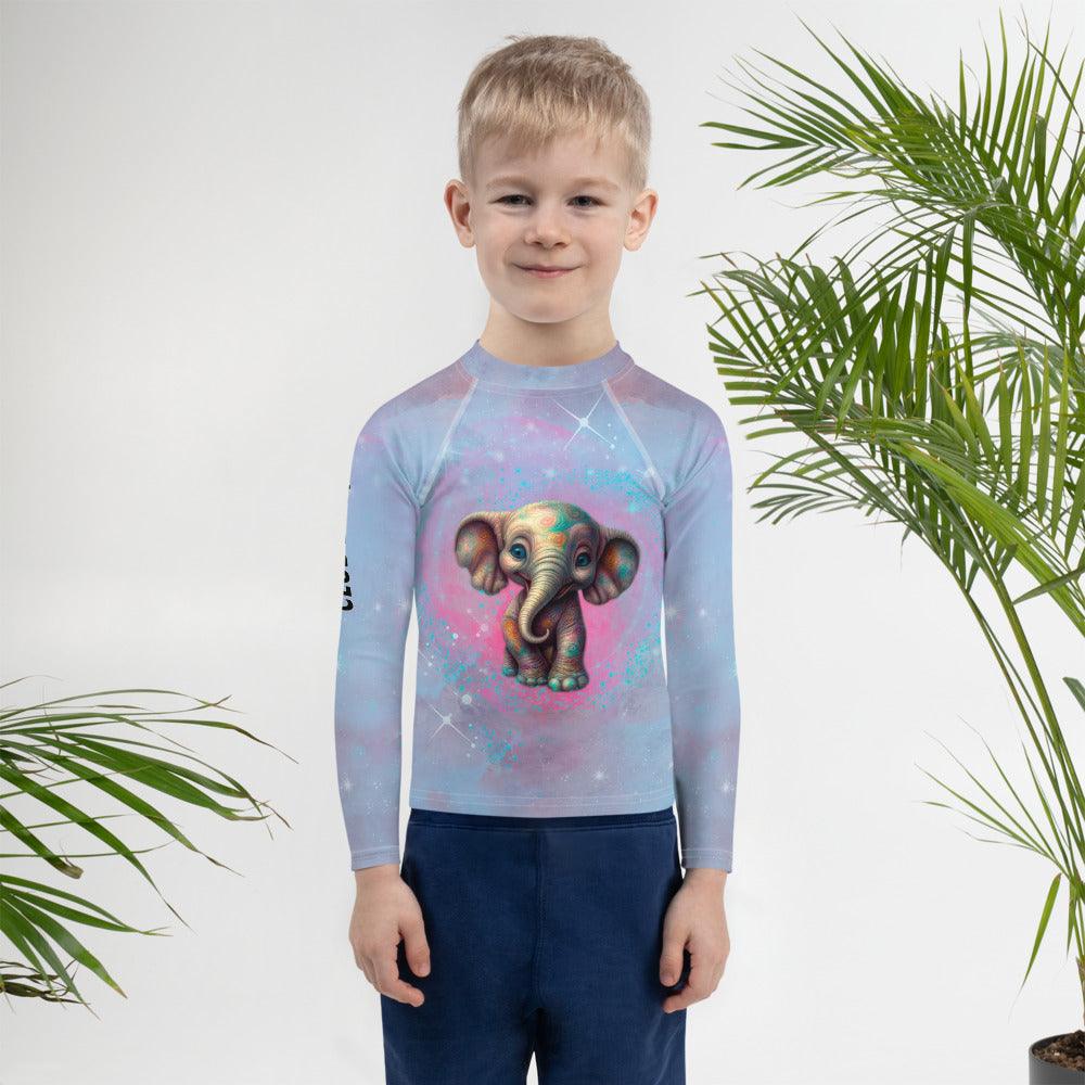 Child in Dreamy Gazes Fantasy Rash Guard exploring the beach.