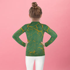 Close-up of Dreamy Giraffe Vision Kids Rash Guard fabric and design.