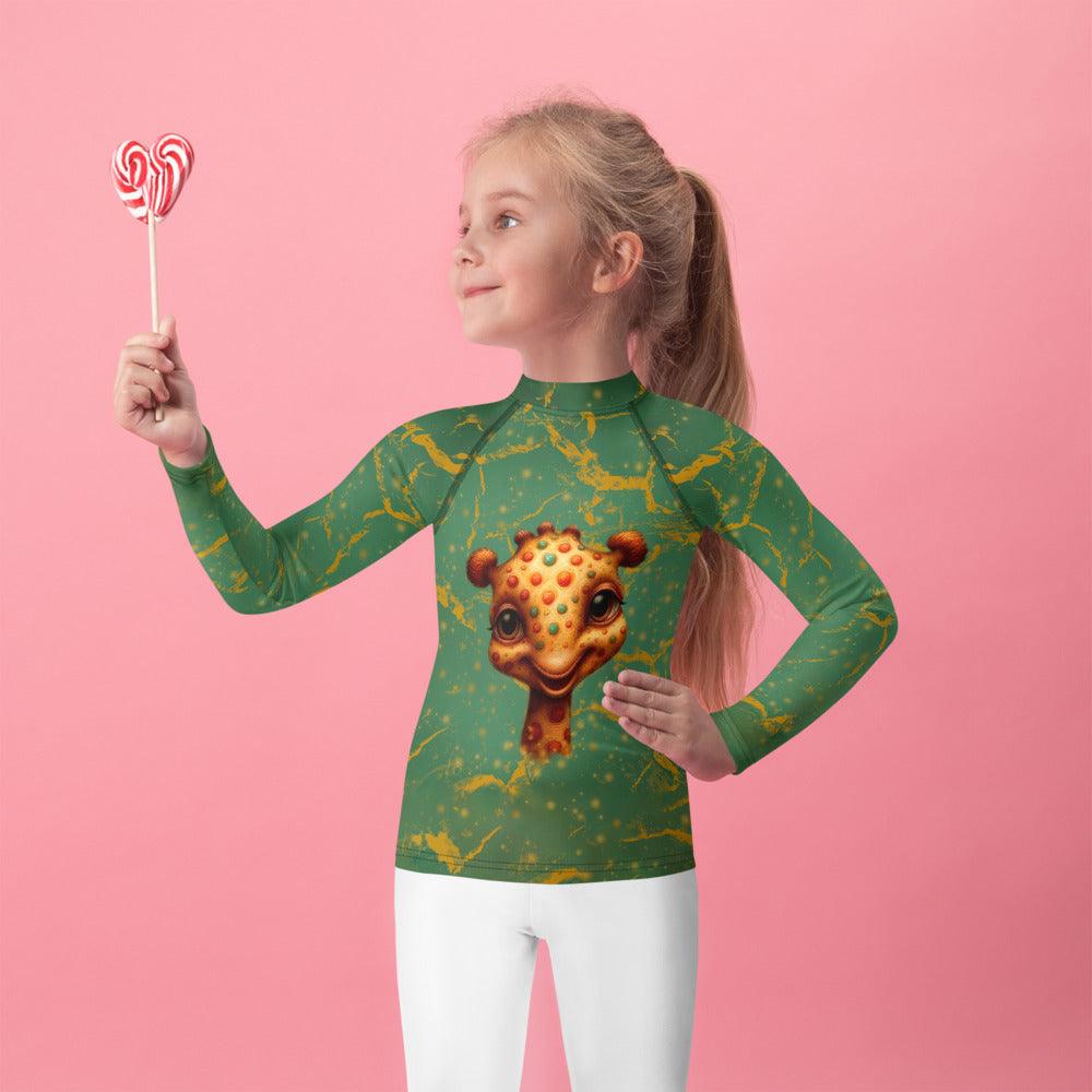 Kids playing in the water wearing Dreamy Giraffe Rash Guards.