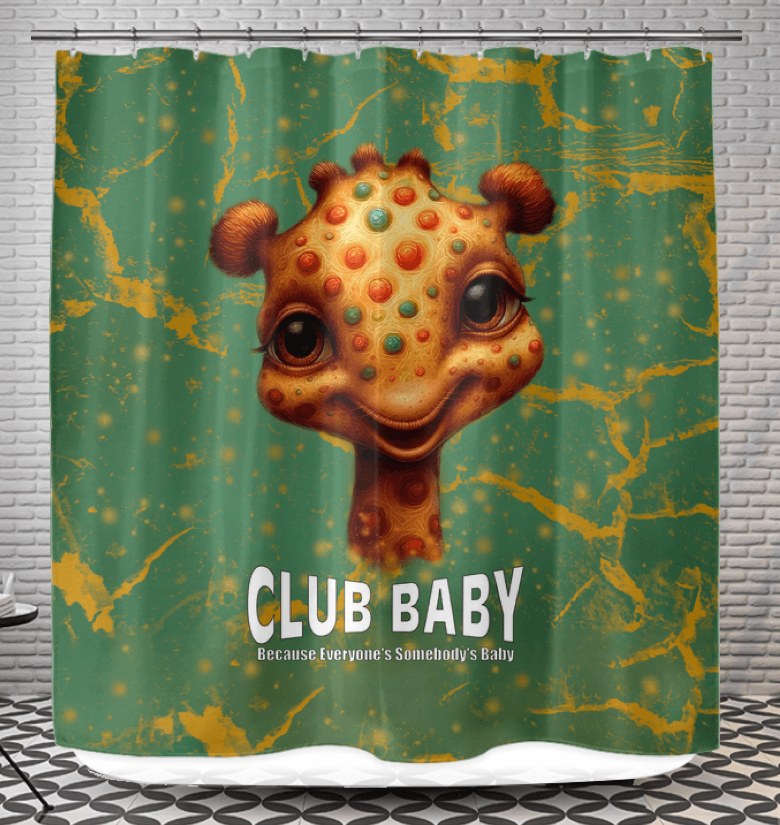 Colorful giraffe pattern on dreamy shower curtain enhancing bathroom decor.