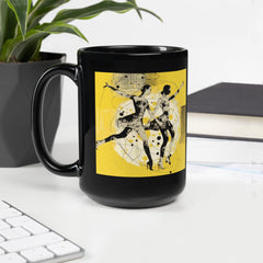 Close-up of a black glossy mug with dance attire design, perfect for dancers.