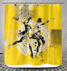 Elegant shower curtain featuring dynamic women's dance attire design