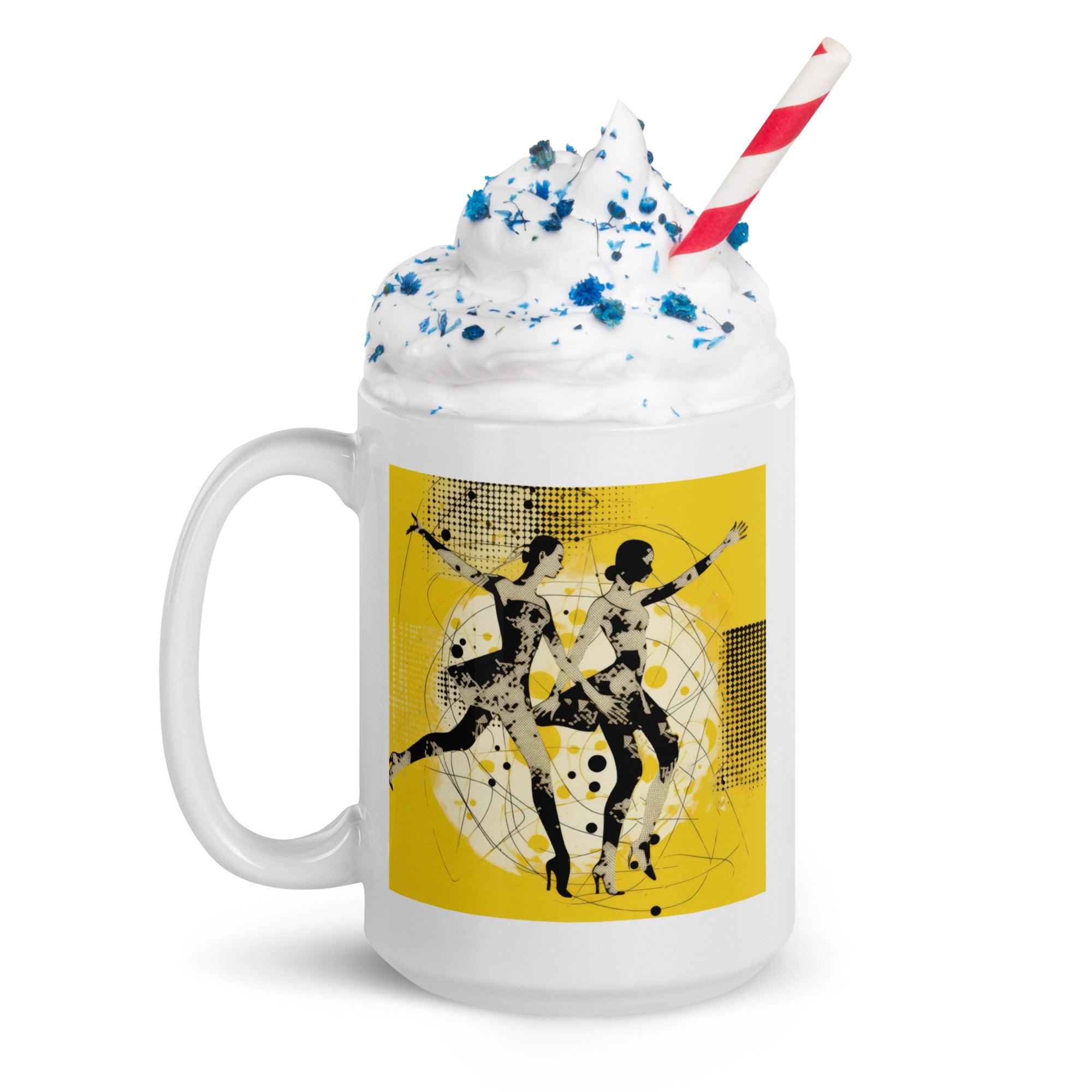 Dynamic women's dance attire printed on a white mug