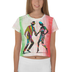 Elegant balletic pairs printed crop tee with vibrant colors.