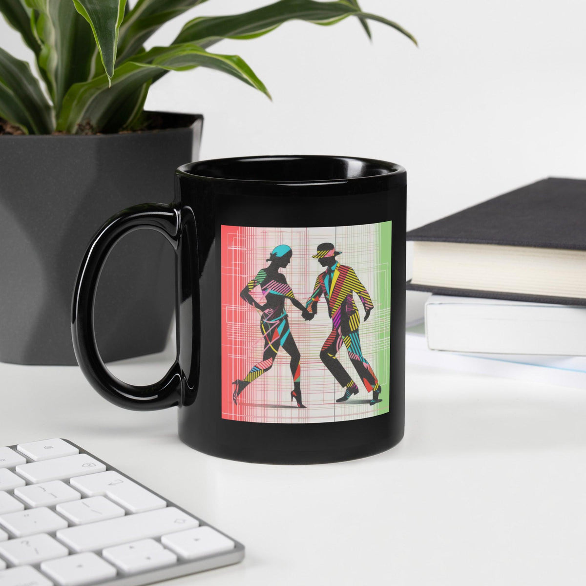 Elegant black glossy mug with balletic pairs design for a stylish morning.