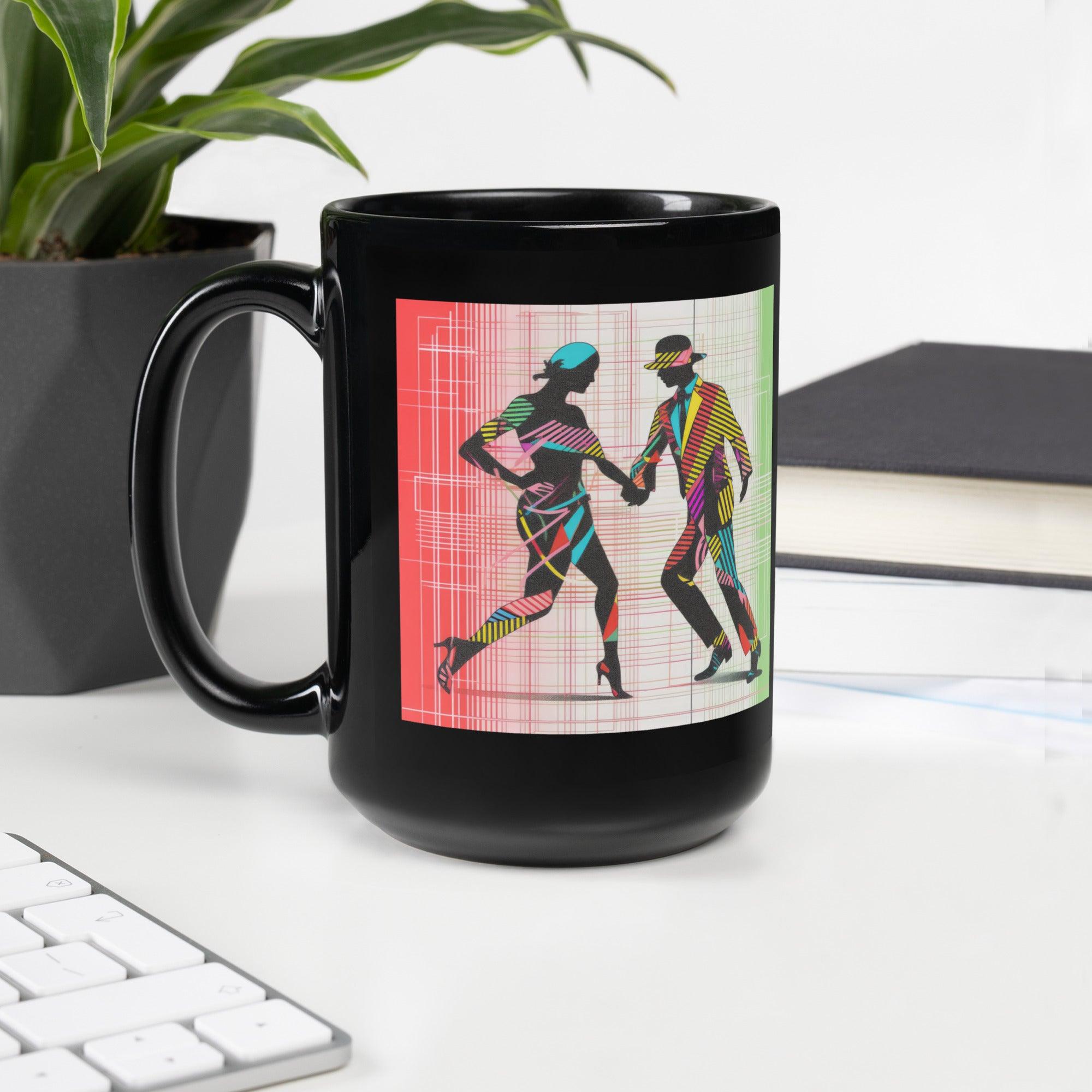 Unique balletic pairs-themed black glossy mug, perfect for coffee or tea.