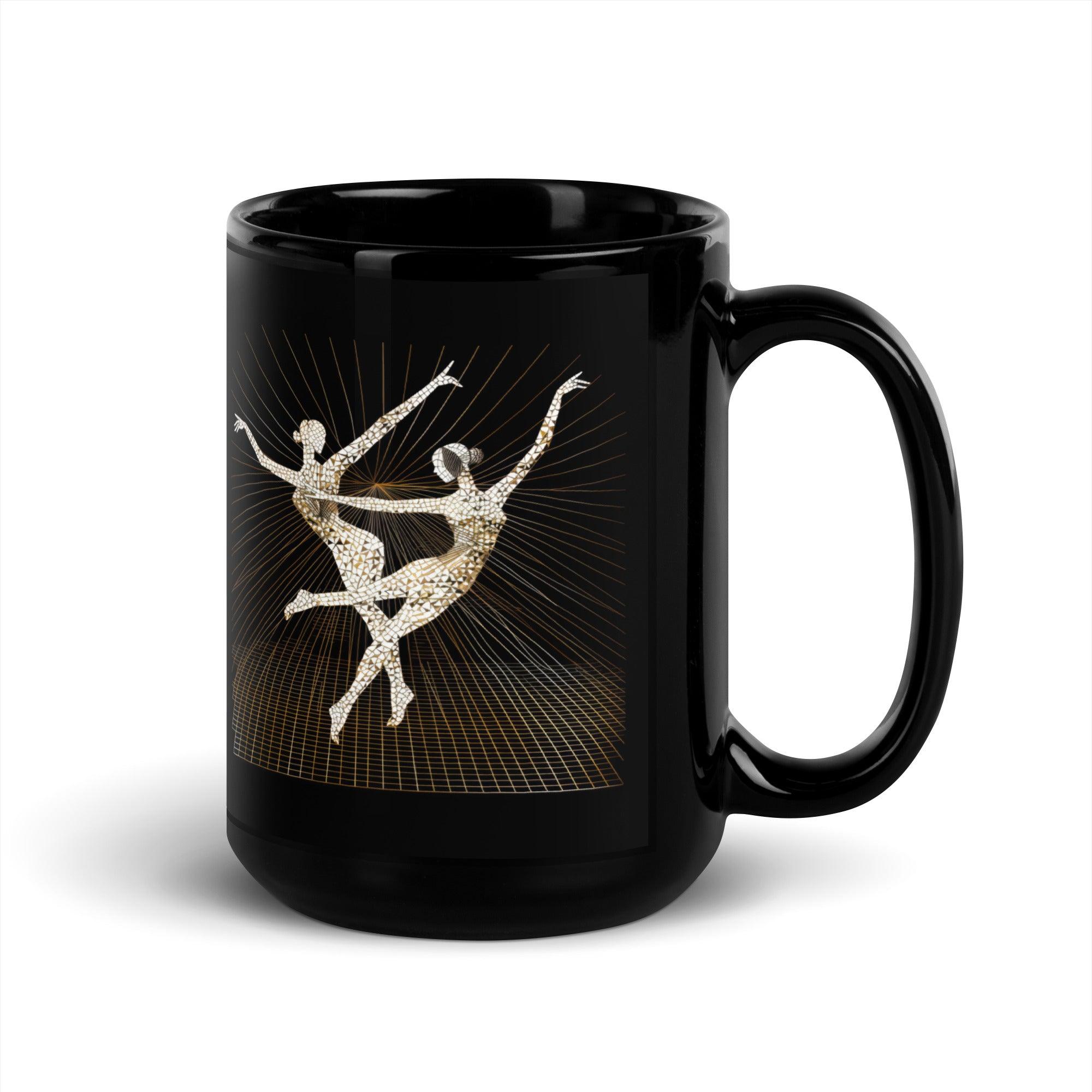 Artistic black mug showcasing elegant dance motion for coffee lovers