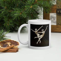 White glossy coffee mug featuring elegant dance motion artwork