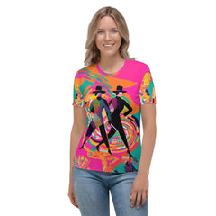 Woman modeling En Pointe Fashion Statements T-shirt, showcasing front design.