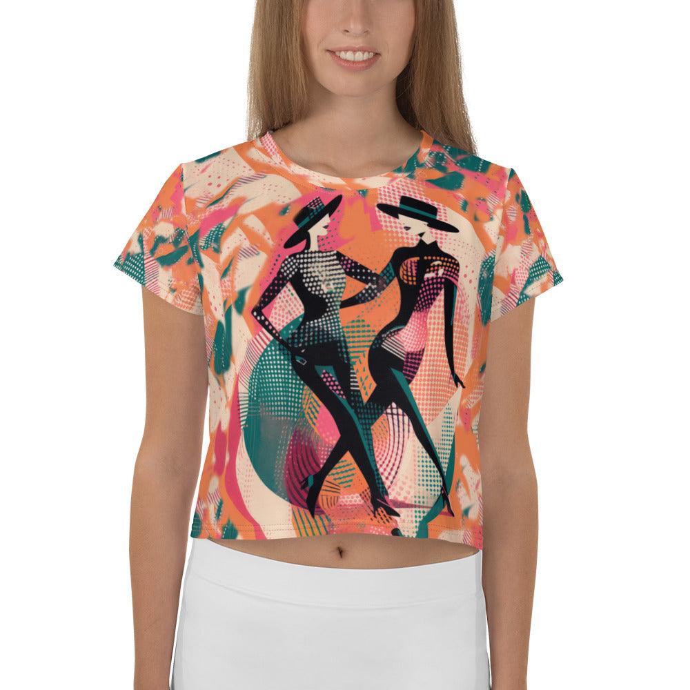 Enchanted balletic style crop tee with all-over print design on a model.