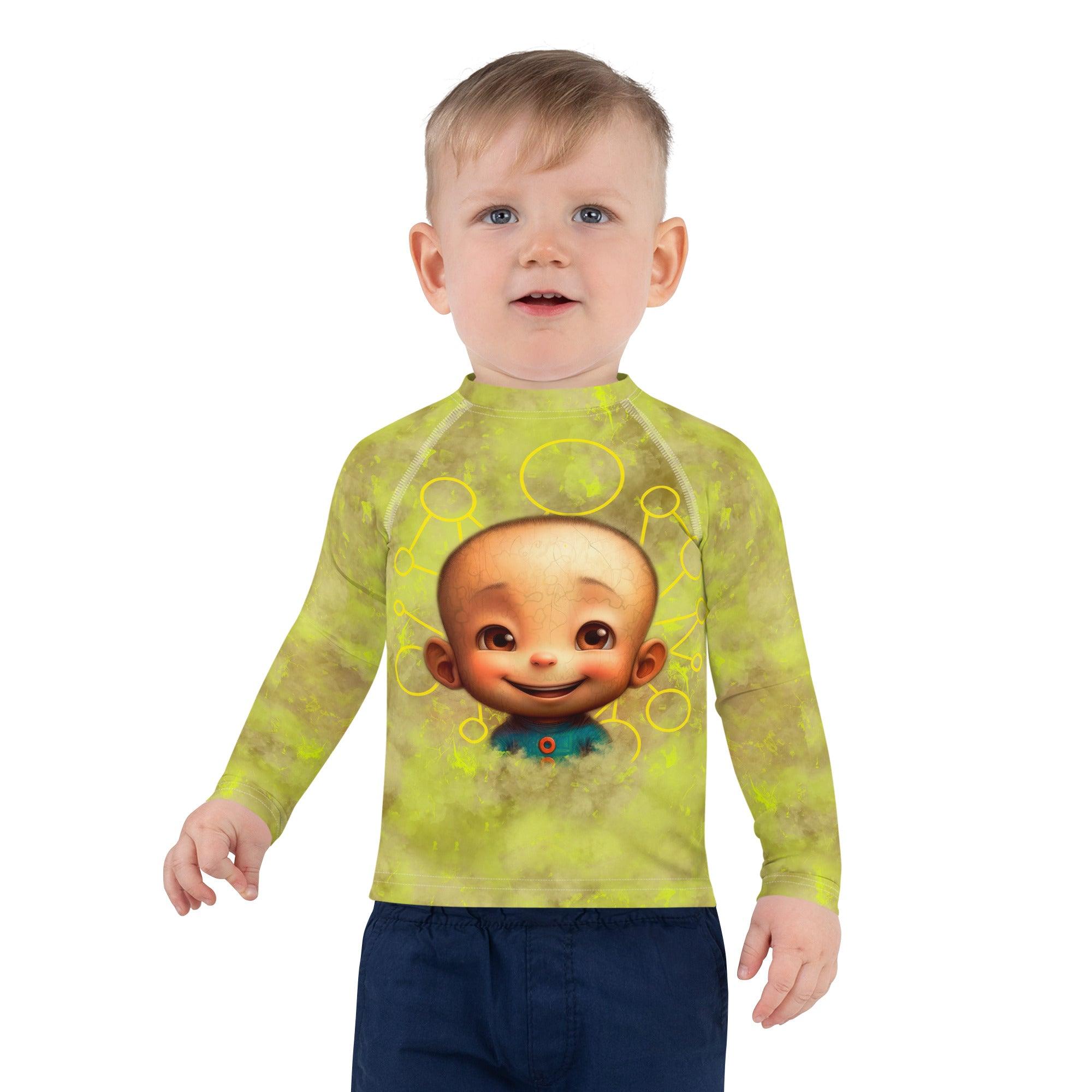 Child wearing Enchanted Gaze Collection rash guard by the pool.