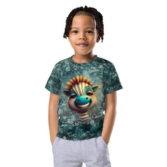 Child wearing enchanted giraffe eyes crew neck T-shirt in a park.