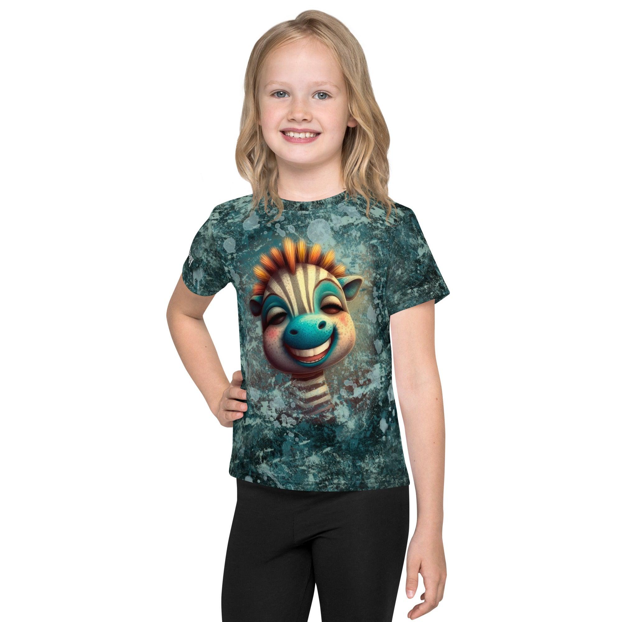 Back view of children's giraffe eyes crew neck T-shirt.