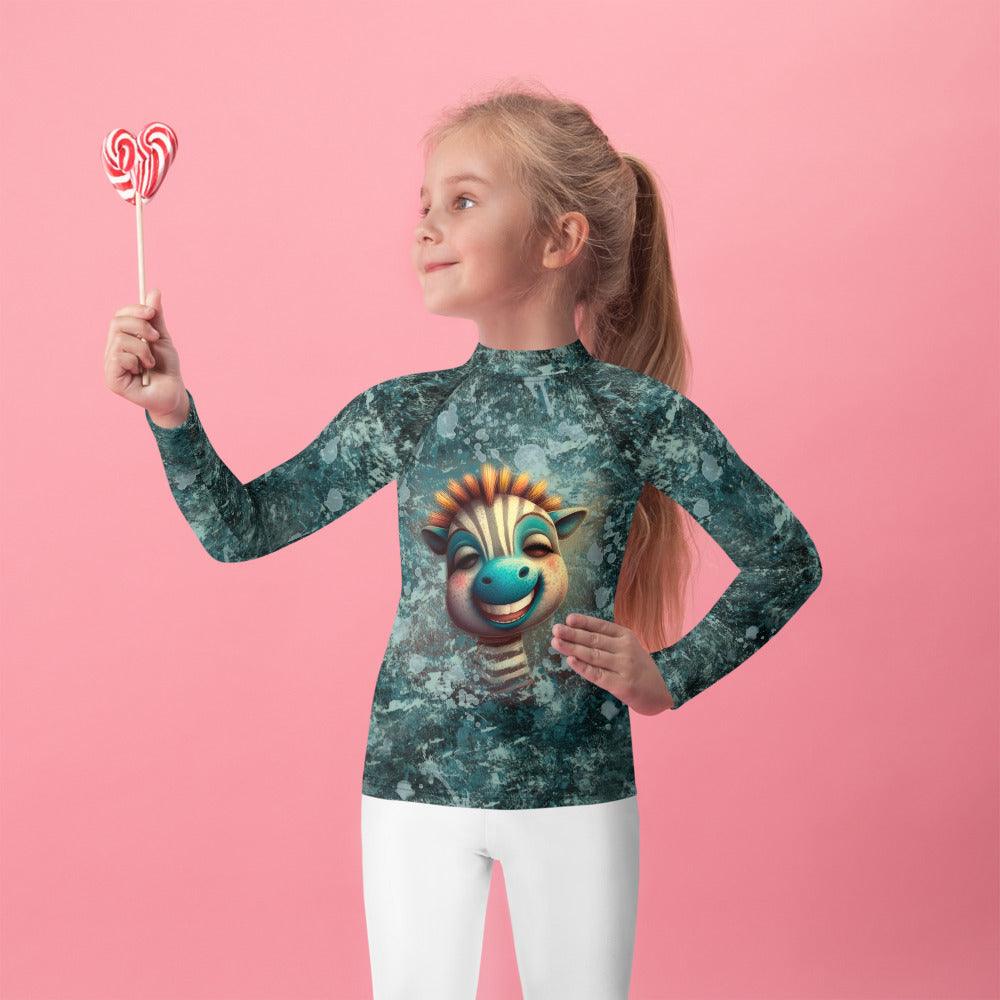 Kid swimming in Enchanted Giraffe Rash Guard.