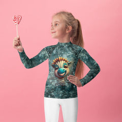 Kid swimming in Enchanted Giraffe Rash Guard.