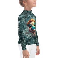 Colorful Giraffe Eyes Kids Rash Guard on White Background.