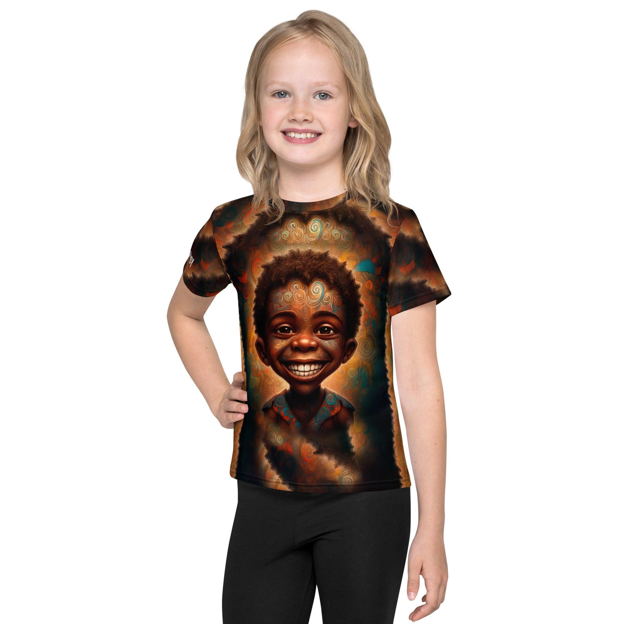 Kids' Enchanted Iris Parade T-shirt in natural light for true color.