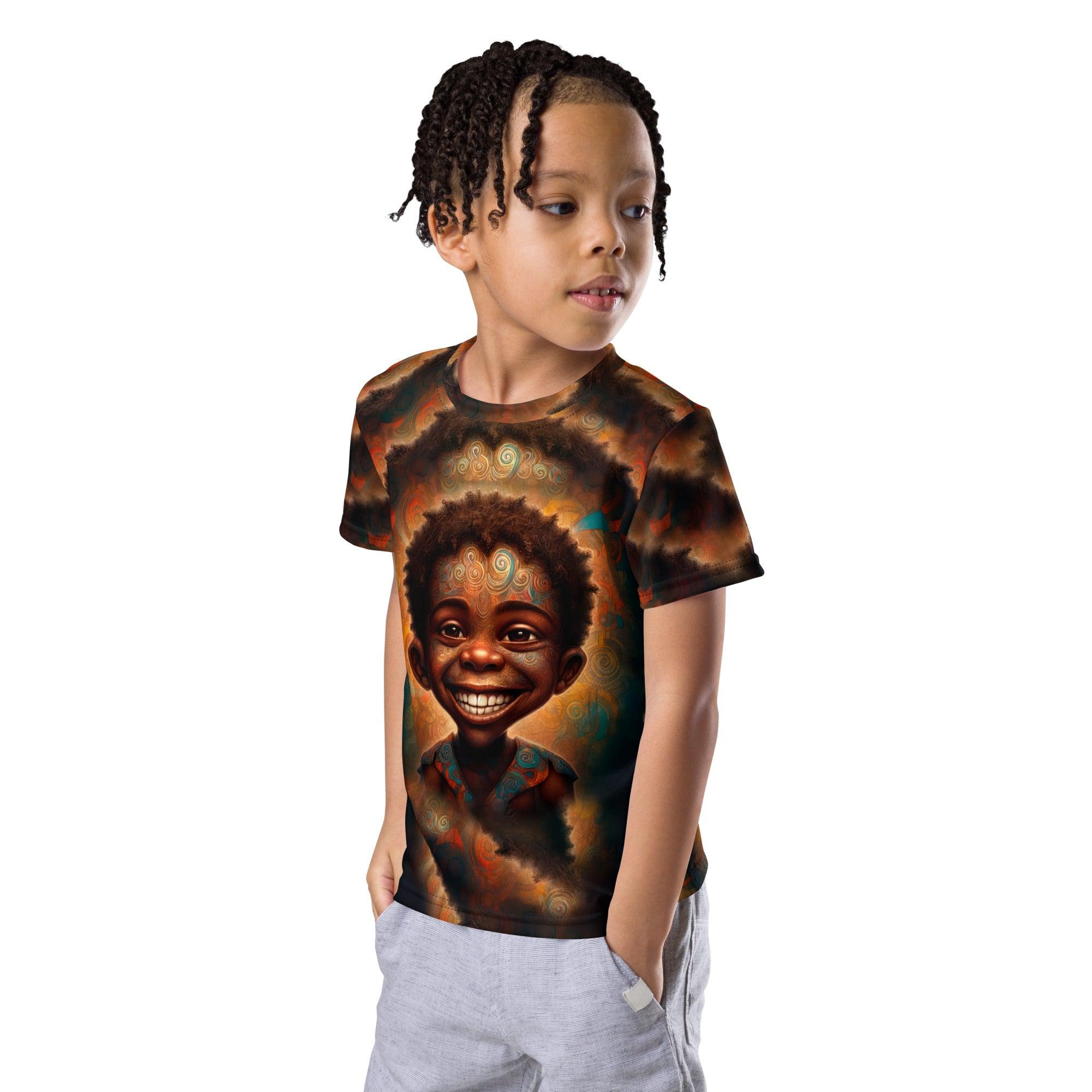 Laughing child in Enchanted Iris Parade crew neck T-shirt.