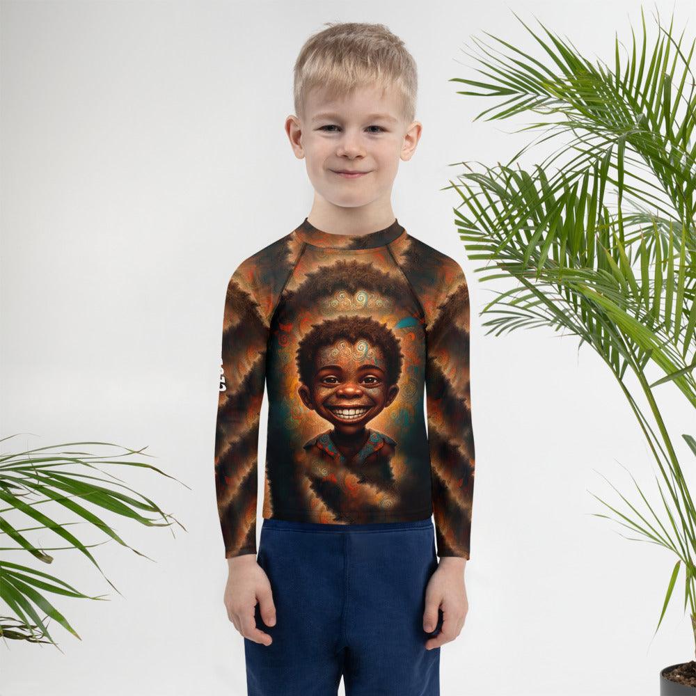 Kid playing in the sand wearing Iris Parade Rash Guard.