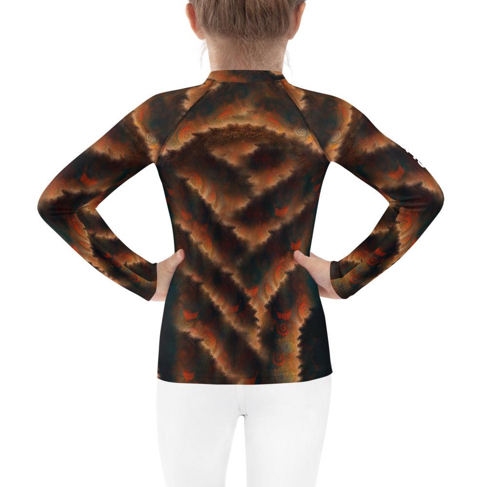 Back view of child in Enchanted Iris Kids Rash Guard.