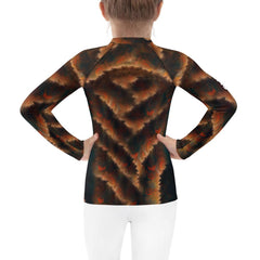 Back view of child in Enchanted Iris Kids Rash Guard.