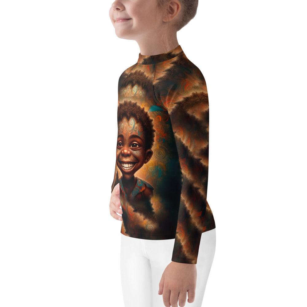 Enchanted Iris Parade Rash Guard flat lay with accessories.